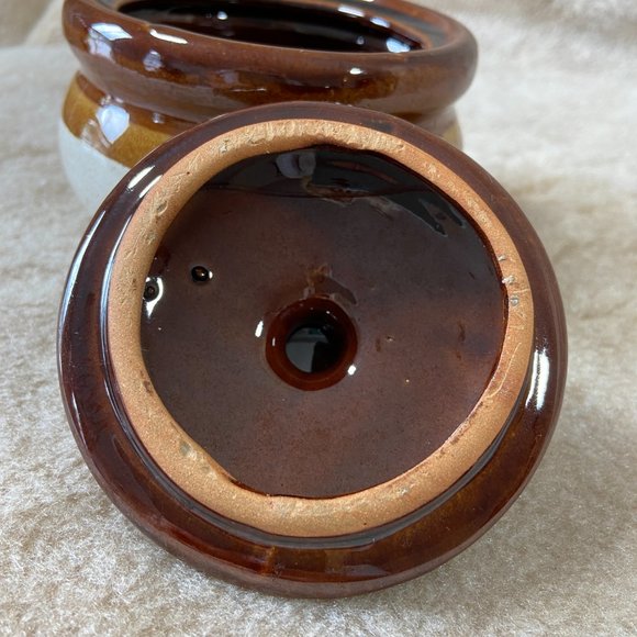 Vintage Stoneware Small Bean Pot in Tan and Brown Glaze - Picture 8 of 11